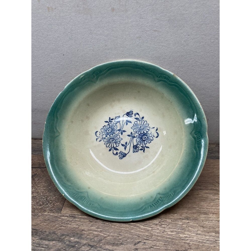 Vintage Ceramic Embossed Green Border Cream Bowl Blue Floral Center